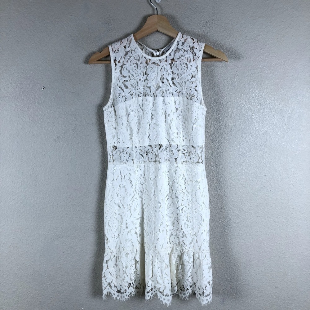 Karina Grimaldi Dress Womens Medium Off White Lace Sheer A Line Crew Neck Zipper